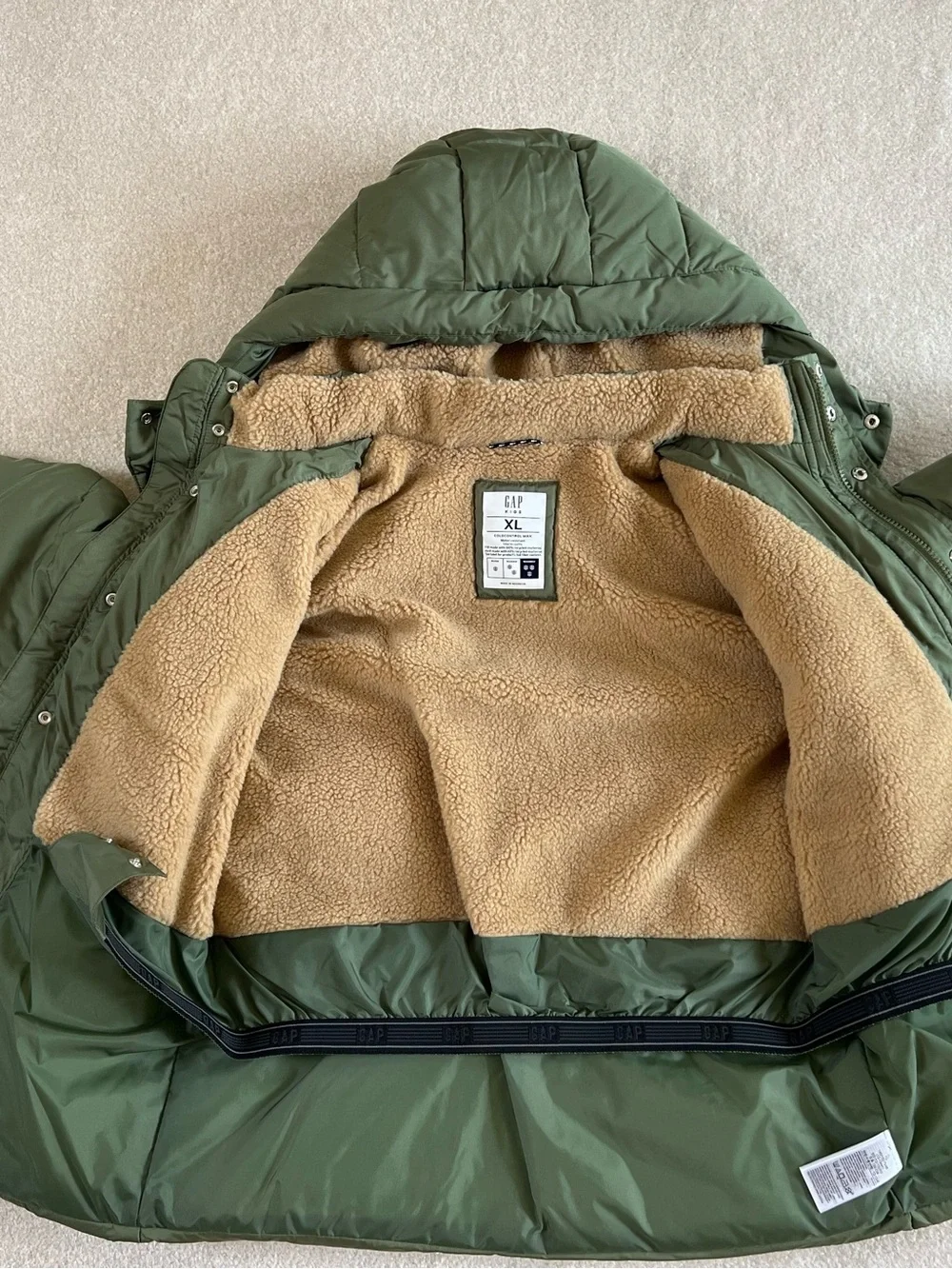 NWT New GAP Kids Olive ColdControl Max Warmest Puffer Coat with Sherpa Hood